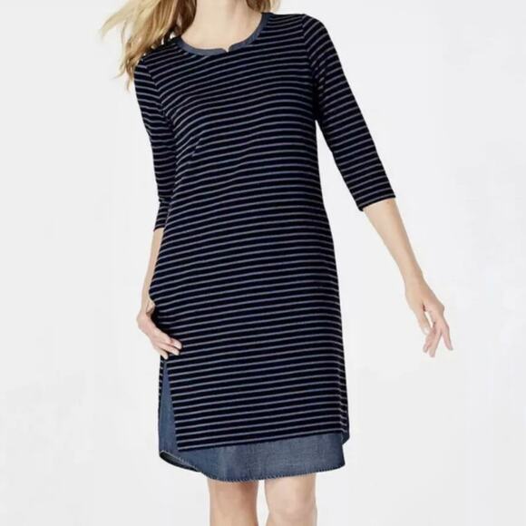 J. Jill Women's Jersey Knit 3/4 Sleeve Striped Shift Dress Blue Size Medium - Picture 1 of 10